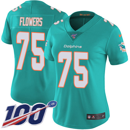 Nike Miami Dolphins #75 Ereck Flowers Aqua Green Team Color Women Stitched NFL 100th Season Vapor Untouchable Limited Jersey->women nfl jersey->Women Jersey
